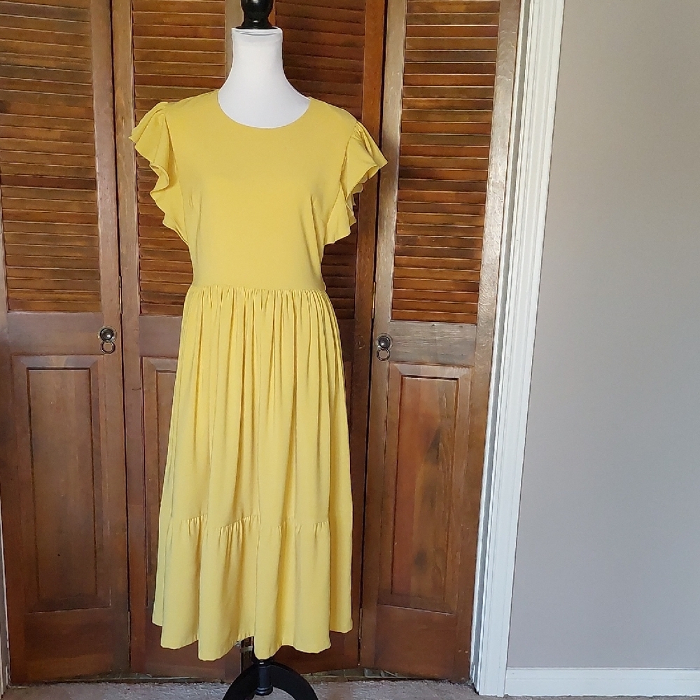 Rachel Parcell Marigold Yellow Serene Midi Ruffle Dress Sz L - Picture 5 of 17